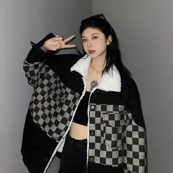 Осенне-зимняя корейская версия, свободная, плюс бархатная, увеличивающая вес в шахматном порядке Джинсовая куртка, женская, сохраняющая тепло, Удобная, Простое пальто