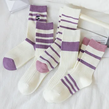 Осенние женские носки, простые повседневные Фиолетово-розовые полосатые носки с ворсом для девочек, Дышащий Хлопок с буквенной вышивкой средней длины, Мягкий Хлопок