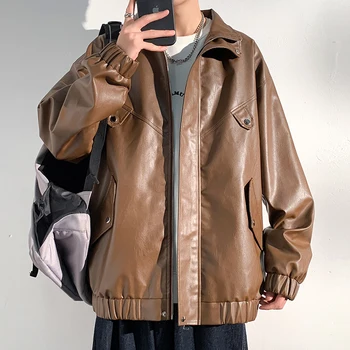 Осенью 2023 года Новый тренд мужской моды, Красивая куртка из искусственной кожи со стоячим воротником, мужская повседневная универсальная мотоциклетная кожаная куртка