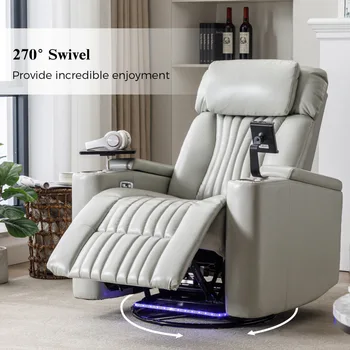 Откидное кресло с электроприводом на 270 °, скрытым подлокотником и светодиодной подсветкой, подстаканник, поворотный столик с подносом на 360 ° и держатель для мобильного телефона