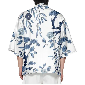 Пляжная Юката Азиатская одежда Модный Цветочный принт Белая уличная одежда Хаори Мужской Женский Кардиган Японское кимоно для косплея