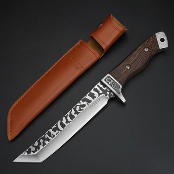 Походный нож с кованым фиксированным лезвием высокой твердости для кемпинга, включая кожаный чехол