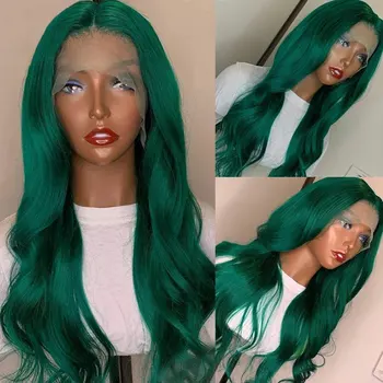 Предварительно выщипанные зеленые синтетические волосы, парики на кружеве, Бесклеевая натуральная волна, высококачественное термостойкое волокно для ежедневного использования женщинами