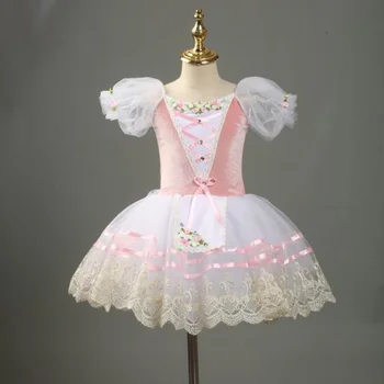 Профессиональное балетное розовое детское платье-пачка с цветочным рисунком для девочек, детское платье-балерина