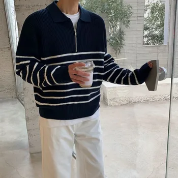 Пуловер с воротником-поло Juspinice, свитер, мужская осенняя Корейская мода, свободный винтажный повседневный вязаный пуловер в полоску на молнии наполовину