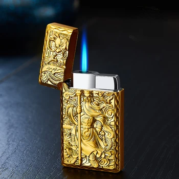 Рельефный Гуань Гун чистый голос прямая зажигалка ветрозащитная зажигалка с синим пламенем стального оттенка