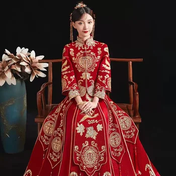 Современный костюм из топа Чонсам + юбки, красное длинное китайское традиционное свадебное платье Ципао, платья Сюхефу в восточном стиле