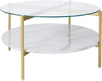 Современный круглый журнальный столик из стекла и искусственного мрамора, белого и золотого цветов