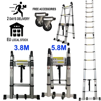 Телескопическая лестница Алюминиевая универсальная лестница 2-в-1 с прямой А-образной рамой, сертифицированная по EN131 Максимальная нагрузка 150 кг 3,8 М / 5,8 М