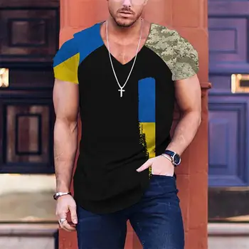 Украина, футболки, Украинская мужская мода с 3D-принтом, негабаритная футболка с коротким рукавом и V-образным вырезом, армейский камуфляж, мужские футболки, топы, одежда
