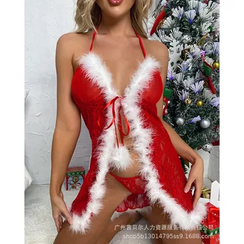 Экзотические женщины, Рождество, косплей набор для женщин сексуальная спагетти ремень короткий плюш сплайсинга кружева Гренадин прозрачный костюм