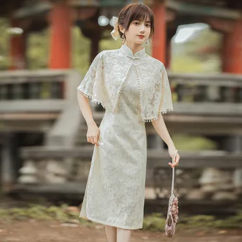 Элегантное Летнее Кружевное Улучшенное вечернее платье Чонсам с коротким рукавом в стиле ретро, современное Ципао в китайском стиле для женщин
