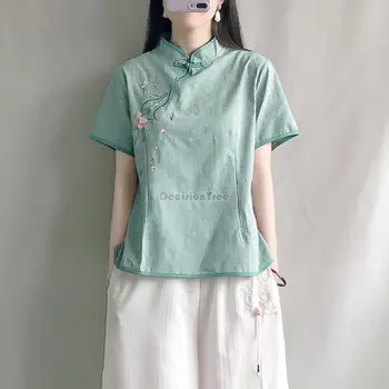 китайская традиционная блузка 2023 года, улучшенный костюм эпохи тан, национальные шифоновые топы hanfu, блузка с чайной вышивкой из хлопка и льна, женский топ