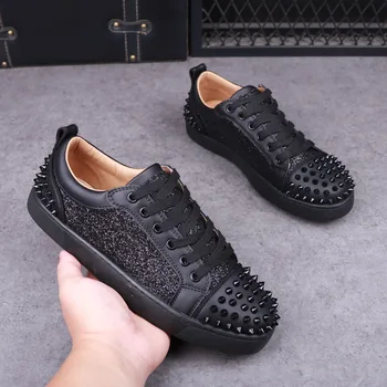 мужская модная обувь в стиле панк-хип-хоп с заклепками, оригинальная кожаная обувь на шнуровке, черные розовые кроссовки на плоской платформе, дизайнерская обувь