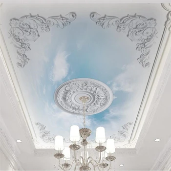обои papel de parede на заказ белый гипс рельеф в европейском стиле голубое небо белые облака фреска на подвесном потолке behang
